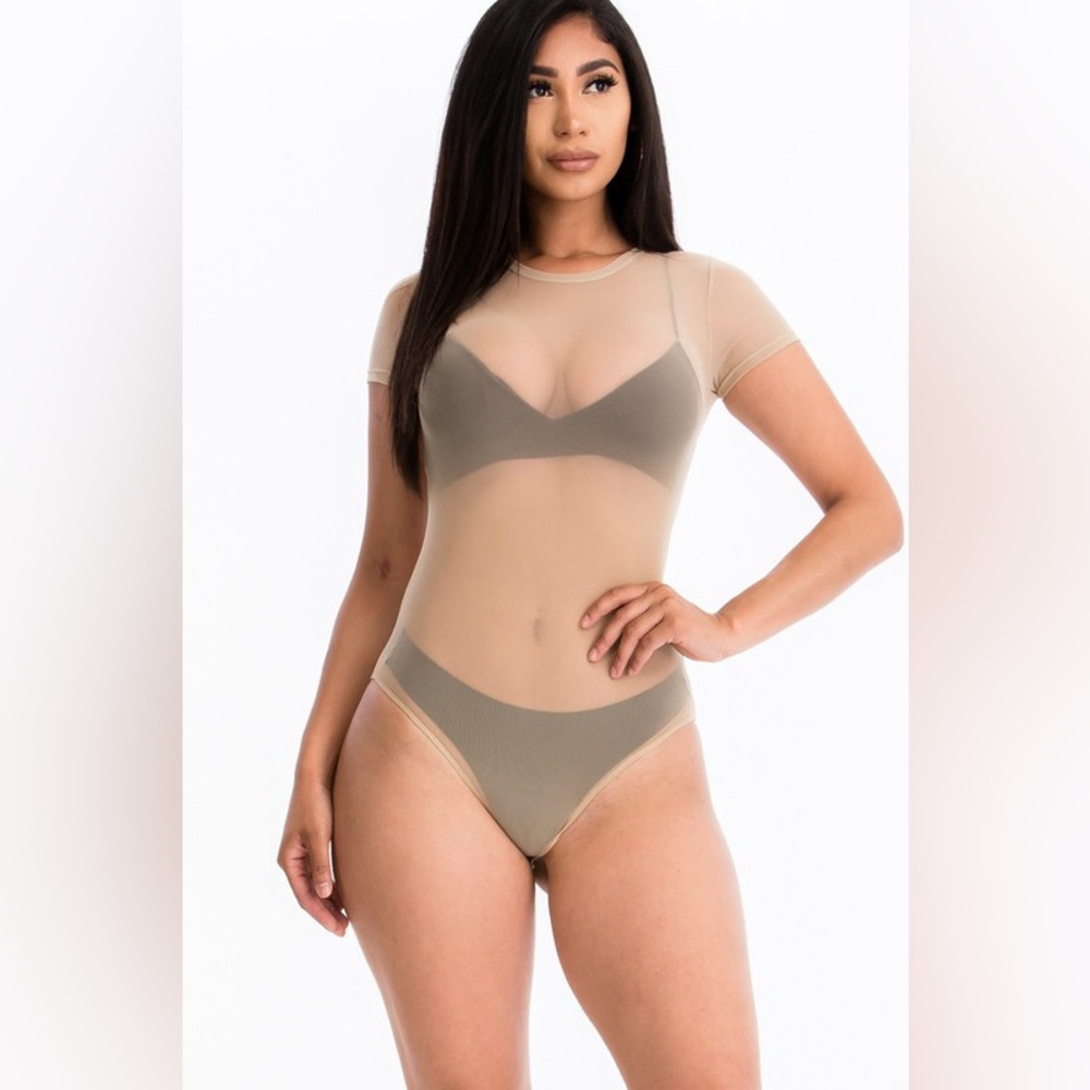 371B-NUDE. Sheer Mesh Short Sleeve Bodysuit